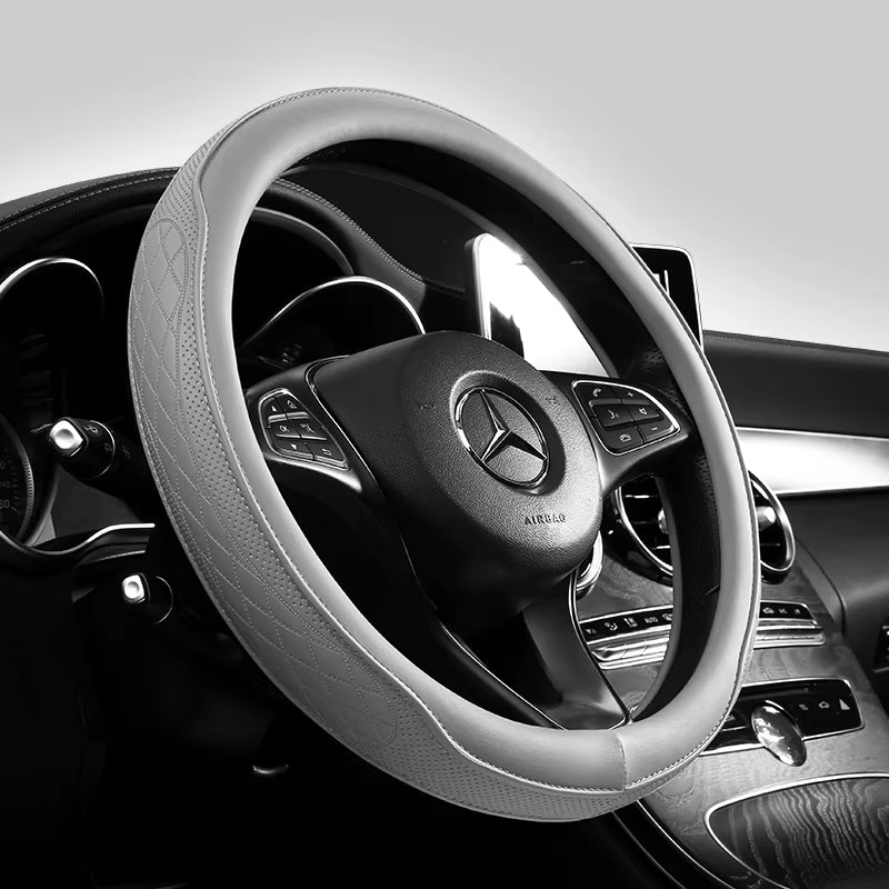 Napa Leather Perforated Patchwork Car Steering Wheel Cover, Non-Slip, Breathable, Universal 15 Inch (Approx. 38Cm)
