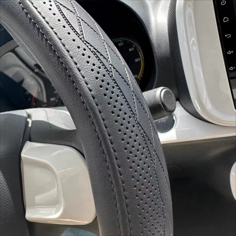 Napa Leather Perforated Patchwork Car Steering Wheel Cover, Non-Slip, Breathable, Universal 15 Inch (Approx. 38Cm)