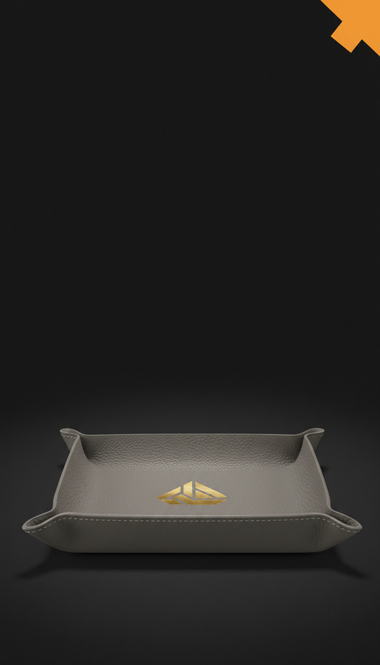 Stone Gray Leather Valet Tray With Gold Logo