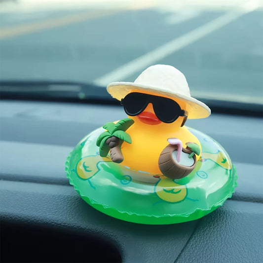 Summer Duck Cart Decoration Featuring Coconut Trees and Green Swimming Rings, a Fun Gift for Friends (Including Sticky Pads)